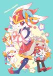  absurdres blue_background bunny bunny_focus cinderace commentary_request creature english_text flower full_body gen_8_pokemon highres holding_egg minamo_(pixiv17726065) no_humans pokemon pokemon_(creature) raboot ribbon scorbunny simple_background striped striped_ribbon 