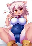  1girl animal_ear_fluff animal_ears breasts brown_fur brown_hair cameltoe commentary_request fang furry heart highres large_breasts medium_hair open_mouth orange_eyes original simple_background solo spoken_heart tail tatuyayosi two-tone_fur v white_fur 