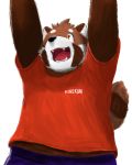  2020 ailurid anthro belly bottomwear clothing hi_res kemono koh_say_hello male mammal red_panda shirt shorts simple_background slightly_chubby solo teeth tongue topwear white_background 