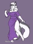  2020 3:4 anthro arctic_fox barefoot breasts canid canine clothing dancing dress female fox fur halcy0n hi_res mammal simple_background smile solo standing white_body white_fur 