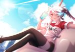 1girl armchair black_legwear black_rock_shooter chair character_request cityscape cloud collarbone commentary_request crossed_legs cup drinking_straw hair_between_eyes heart highres holding holding_cup hot long_hair navel one_eye_closed oywj shirt shorts sitting sky solo sunlight sweat sweatdrop t-shirt thighhighs twintails white_hair window 