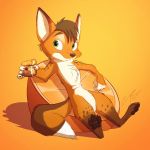  1:1 2020 absurd_res anthro brown_body brown_fur brown_spots canid canine chest_tuft featureless_crotch fox fur green_eyes head_tuft hi_res holding_cup holding_object leg_markings mammal markings nude orange_background orange_body orange_fur orange_theme pawpads pointedfox reclining signature simple_background socks_(marking) solo spots spotted_body spotted_fur tuft white_body white_fur 