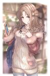 1girl bag bangs bear_hair_ornament blurry blurry_background blush breasts brown_eyes brown_hair brown_sweater cellphone cropped_jacket fur_trim grey_legwear hair_bun hair_ornament handbag hinoaki5 holding holding_phone ichikawa_hinana idolmaster idolmaster_shiny_colors jewelry large_breasts long_hair long_sleeves looking_at_viewer necklace off_shoulder outdoors phone shop side_bun smartphone smartphone_case smile solo sweater 