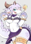  1girl blue_eyes blush breasts commentary_request cowboy_shot dragon dragon_girl dragon_horns fang feathered_dragon fire furry grey_background highres horns large_breasts moriguru77 open_mouth original purple_hair short_hair simple_background slit_pupils solo 
