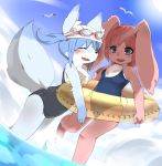  2girls :d animal_ear_fluff animal_ears bird blue_fur blue_hair bunny bunny_ears bunny_girl bunny_tail closed_eyes cloud commentary_request covered_navel fang fox fox_ears fox_girl fox_tail furry goggles goggles_on_headwear highres innertube leg_up medium_hair minnnanihanaisixyo multiple_girls open_mouth original pink_fur pink_hair purple_eyes school_swimsuit seagull short_twintails sky smile snout summer sun swimsuit tail twintails 