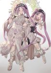  2girls absurdres dated dress euryale fate/grand_order fate_(series) frilled_hairband frills hairband halo highres jewelry locked_arms multiple_girls navel navel_cutout panties purple_eyes purple_hair sandals seyana siblings signature sisters smile stheno twintails underwear 