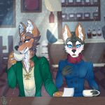  1:1 age_difference anthro beverage blue_eyes cafe canid canine canis clothing coffee coffee_shop cup darkflamewolf duo ear_piercing fan_character female hi_res inner_ear_fluff interspecies jackal jacket male male/female mammal message murana_wolford_(darkflame-wolf) note pendant piercing punkcroc rain_on_window ring rings_on_ears scarf surprise surprised_expression surprised_look through_window topwear tuft wolf 