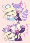  ... 2020 alice_(bayachao) anthro arms_above_head bayachao_(pixiv) blue_clothing blue_eyes blush bow_tie chesica_(bayachao) clothing domestic_cat duo felid feline felis female fluffy fluffy_tail fur half-closed_eyes happy hat headgear headwear hi_res japanese_text larger_male laugh male mammal markings narrowed_eyes pawpads paws purple_body purple_fur purple_markings simple_background size_difference smaller_female suit tan_body tan_fur text tickling translation_request 