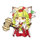  1girl animal_ear_fluff cat cat_busters cat_girl cat_tail commentary_request fang full_body fullbokko_heroes furry green_hair holding holding_hammer kushinada_(fullbokko_heroes) long_hair open_mouth parody pawpads slit_pupils solo standing style_parody tail takeshi-kemo two-tone_fur whiskers white_fur yellow_eyes yellow_fur 