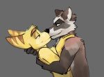  anthro biped duo eye_contact fingers fur grey_body grey_fur guardians_of_the_galaxy hi_res holding_partner kissing lombax looking_at_another looking_at_partner male male/male mammal marvel multicolored_body multicolored_fur nude procyonid raccoon ratchet ratchet_and_clank rocket_raccoon romantic_ambiance romantic_couple rosphix simple_background video_games yellow_body yellow_fur 