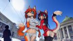  16:9 arm_wraps black_hair blue_eyes bottomwear canid canine cassandra_(tailsrulz) cherry_(macmegagerc) clothed clothing duo ear_piercing felid female fox fur hair hi_res lingerie long_hair long_tail macmegagerc mammal miniskirt orange_body orange_fur pantherine photo_background piercing red_body red_fur red_hair shorts skirt tiger topwear torn_clothing torn_topwear white_body white_fur widescreen wraps 
