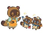  1gusakat 2020 animal_crossing anthro apron blue_eyes bottomwear brown_body brown_fur canid canine chibi clothing eyes_closed fur group hat headgear headwear low_res mammal nintendo raccoon_dog shirt shorts simple_background slightly_chubby tanuki timmy_nook tom_nook_(animal_crossing) tommy_nook topwear video_games white_background 
