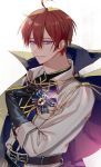  1boy bad_anatomy belt black_gloves bow brown_hair cape ensemble_stars! gloves gold_trim hair_between_eyes hand_up highres looking_at_viewer male_focus purple_eyes simple_background solo suou_tsukasa upper_body white_background yuushi 