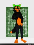  absurd_res animal_genitalia anthro balls black_body black_fur bottomwear canid canine clothing clothing_lift fox fur genitals green_eyes hair hi_res koto_(kotofox) kotofox male mammal navel open_pants orange_body orange_fur pants sheath solo 