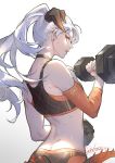  1girl arknights bangs bare_shoulders character_request choker clenched_hand detached_sleeves dumbbell earrings exercise from_behind highres horns jewelry long_hair looking_at_viewer open_mouth ponytail profile red_eyes saria_(arknights) solo spade-m sports_bra stud_earrings sweat tail toned upper_body weightlifting white_hair 