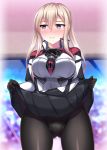  1girl ass_visible_through_thighs black_legwear black_skirt blonde_hair blush breasts capelet cowboy_shot embarrassed graf_zeppelin_(kantai_collection) hair_between_eyes highres kantai_collection large_breasts lifted_by_self looking_to_the_side pantyhose pleated_skirt purple_eyes ruin_re_birth sidelocks skirt skirt_lift solo tsurime twintails wavy_mouth 