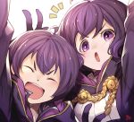  1boy 1girl black_hair closed_eyes fire_emblem fire_emblem_awakening gloves highres hood hood_down morgan_(fire_emblem) morgan_(fire_emblem)_(female) morgan_(fire_emblem)_(male) nakabayashi_zun open_mouth purple_eyes short_hair simple_background upper_body white_background 