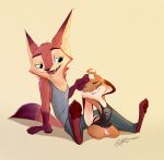  2018 absurd_res barefoot bottomwear canid canine cider_(ciderbunart) clothed clothing eyes_closed female fox fully_clothed green_eyes hi_res lagomorph leporid light lighting male mammal open_mouth open_smile panties pants pawpads pointedfox pointedfox_(character) rabbit shirt signature simple_background smile stretching tan_background tank_top topwear underwear 