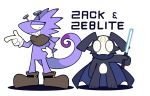  2020 anthro bayachao_(pixiv) black_body black_fur cape clothing duo english_text footwear fur gesture gloves handwear lagomorph leporid male mammal melee_weapon no_pupils pointing purple_body rabbit reptile scalie scarf shoes simple_background text weapon zack_(bayachao) zeblite_(bayachao) 