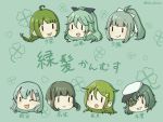  6+girls :d ;d aqua_hair black_ribbon bob_cut braid chibi clover color_connection crescent crescent_hair_ornament eyebrows_visible_through_hair eyepatch flat_cap four-leaf_clover green_background green_hair hair_color_connection hair_ornament hair_ribbon hairclip hat kantai_collection kiso_(kantai_collection) long_hair mole mole_under_mouth multiple_girls nagatsuki_(kantai_collection) one_eye_closed open_mouth outsideyes ponytail remodel_(kantai_collection) ribbon short_hair sidelocks smile suzuya_(kantai_collection) takanami_(kantai_collection) trait_connection twitter_username white_ribbon yamakaze_(kantai_collection) yuubari_(kantai_collection) yuugumo_(kantai_collection) |_| 