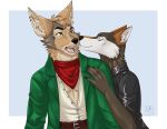  anthro belt canid canine canis clothing darkflamewolf duo ear_piercing eyes_closed fan_character female hand_on_shoulder hi_res inner_ear_fluff jackal jacket kissing kissing_cheek leather leather_jacket male male/female mammal murana_wolford_(darkflame-wolf) piercing sajophoe scarf surprise surprise_kiss surprised_expression topwear tuft whiskers wolf yellow_eyes 
