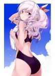  1girl ass black_swimsuit blue_eyes blue_sky cloud commentary_request competition_swimsuit cowboy_shot from_behind kantai_collection kashima_(kantai_collection) looking_back one-piece_swimsuit sidelocks silver_hair sky solo swimsuit twintails wavy_hair yumesato_makura 