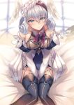  1girl bangs bare_shoulders blue_dress blue_eyes blue_legwear blush breasts closed_mouth curly_hair dress head_wings headband hinot large_breasts long_hair looking_at_viewer melia short_dress silver_hair sitting smile solo thighhighs thighs xenoblade_(series) xenoblade_1 
