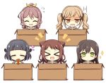  &gt;_&lt; 5girls :d =_= ^_^ bang_dream! bangs black_hair blonde_hair blunt_bangs blush_stickers box brown_dress brown_hair cardboard_box chocolate_cornet closed_eyes commentary_request dress eyebrows_visible_through_hair flying_sweatdrops food green_eyes hair_between_eyes hair_flaps hair_ornament hair_ribbon hanasakigawa_school_uniform hanazono_tae heart highres holding holding_food ichigaya_arisa in_box in_container long_hair long_sleeves looking_at_viewer multiple_girls notice_lines open_mouth ponytail poppin&#039;party ribbon sailor_collar sailor_dress school_uniform short_hair sidelocks simple_background smile sparkle star star_hair_ornament sweatdrop teen_(teen629) toyama_kasumi twintails upper_body ushigome_rimi v wavy_mouth white_background white_sailor_collar x_hair_ornament xd yamabuki_saaya yellow_eyes yellow_ribbon 