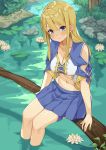  1girl bare_legs blonde_hair blue_eyes blue_skirt breasts cleavage collarbone commission crop_top flower freckles groin highres lily_pad long_hair looking_at_viewer medium_breasts midriff miniskirt nature navel original outdoors pleated_skirt ryan_edian shoulder_cutout sidelocks sitting skirt smile solo thigh_strap tree_branch water white_flower 