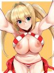  1girl armpits bikini bikini_lift blonde_hair breasts closed_mouth cocq_taichou commentary criss-cross_halter earrings fate/grand_order fate_(series) green_eyes halterneck huge_breasts jewelry long_hair navel nero_claudius_(fate)_(all) nero_claudius_(swimsuit_caster)_(fate) nipples outstretched_arms side-tie_bikini smile solo striped striped_bikini sunlight swimsuit twintails yellow_background 