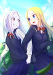  2girls abigail_williams_(fate/grand_order) absurdres bandaid_on_forehead bangs blazer blonde_hair blue_eyes blue_jacket blue_sky blue_vest breasts collared_shirt crossed_bandaids dress_shirt dual_persona fate/grand_order fate_(series) forehead grin highres huge_filesize jacket keyhole locked_arms long_hair long_sleeves looking_at_another multiple_girls nishiuji open_mouth parted_bangs pink_eyes pleated_skirt school_uniform shirt skirt sky small_breasts smile solo sweater_vest vest white_hair white_shirt white_skin 