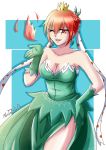  1girl ;d artist_name bare_shoulders braid breasts cleavage crown dress fire gloves green_gloves hair_between_eyes hand_on_hip hand_up highres jewelry mario_(series) motoyuka new_super_mario_bros._u_deluxe one_eye_closed open_mouth personification piranha_plant red_eyes sharp_teeth short_hair simple_background smile standing super_crown teeth 