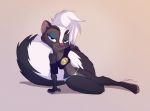  2019 anthro black_body black_fur clothed clothing courtney_brushmarke ear_piercing female fur half-closed_eyes hi_res light lighting mammal mephitid midriff narrowed_eyes navel panties piercing pointedfox simple_background skunk smile solo underwear white_body white_fur 