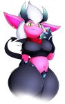  2020 anthro belly big_ears bottomwear breasts clothed clothing demon female front_view gatotorii hi_res horn league_of_legends looking_at_viewer navel pants pink_body pink_skin portrait riot_games scarf shirt simple_background solo standing tencent thick_thighs three-quarter_portrait topwear tristana_(lol) yellow_eyes yordle 