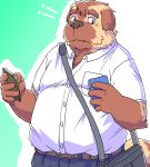  2020 anthro belly blush bottomwear brown_body brown_fur canid canine canis clothing domestic_dog fur humanoid_hands kemono male mammal misterdonn overweight overweight_male pants phone shirt solo topwear 