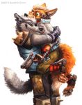  anthro boots brown_body brown_fur canid canine canis clothed clothing conditional_dnp duo footwear fox fox_mccloud fur gloves grey_body grey_fur gun handwear hug kenket lifting lifting_another male male/male mammal nintendo ranged_weapon smile star_fox surprised_expression video_games weapon wolf wolf_o&#039;donnell 