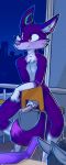  2020 5_fingers anthro digital_media_(artwork) fingers fur hi_res knot male nude purple_body purple_fur ratcha red_eyes sitting 