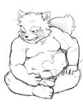  2020 anthro belly bulge canid canine clothing hi_res humanoid_hands kemono male mammal monochrome moobs overweight overweight_male raccoon_dog sakusan_kc simple_background sitting solo tanuki underwear 