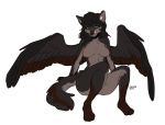  anthro blush breasts canid canine canis digital_media_(artwork) feathered_wings feathers female fur green_eyes hair kaitycuddle mammal nipples nude paws shy simple_background sitting smile solo wings wolf 