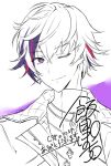 1boy closed_mouth coat fuwa_minato greyscale looking_at_viewer male_focus monochrome multicolored_hair nijisanji one_eye_closed pochi_(pochi-goya) purple_background purple_eyes purple_hair red_hair signature sketch smile solo spot_color streaked_hair upper_body virtual_youtuber 