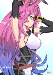  1girl adjusting_hair animal_ears armpits arms_up black_coat blue_background blue_hair breasts bunny_ears cleo_(dragalia_lost) coat commentary detached_sleeves dragalia_lost from_side gradient gradient_background gradient_hair hand_in_hair hexel_chan large_breasts long_hair multicolored_hair pink_eyes pink_hair sideboob signature simple_background solo upper_body very_long_hair watermark white_background wrist_cuffs 