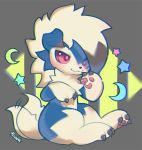  ambiguous_gender black_claws blue_body blue_fur claws foxlett fur letterbox lycanroc midnight_lycanroc moon nintendo pawpads pok&eacute;mon pok&eacute;mon_(species) red_eyes shiny_pok&eacute;mon signature sitting smile star tailwag tuft video_games white_body white_fur 