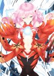  1girl bare_shoulders breasts center_opening cleavage closed_eyes cowboy_shot detached_sleeves fingerless_gloves gloves guilty_crown hair_ornament hairclip highres medium_breasts oreon pink_hair smile solo twintails yuzuriha_inori 