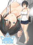  1girl bare_shoulders barefoot black_hair blue_eyes blue_hair blue_shorts breasts cleavage copyright_name earrings full_body hair_ornament hairclip highres holding_tablet_pc huion jewelry looking_at_viewer medium_breasts multicolored_hair multiple_views open_mouth original pallad shirt short_hair shorts sleeveless sleeveless_shirt smile streaked_hair white_shirt 