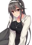  1girl absurdres alternate_costume black_shirt breasts brown_eyes casual eyebrows_visible_through_hair grey_hair grey_skirt hair_between_eyes hair_ornament hairband hairclip haruna_(kantai_collection) highres jacket jewelry kantai_collection large_breasts looking_at_viewer necklace ruin_re_birth shirt simple_background skirt smile solo white_background white_hairband white_jacket 