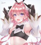  1boy astolfo_(fate) astolfo_(saber)_(fate) bangs bare_shoulders black_bow black_gloves black_neckwear black_ribbon blush bow bowtie bunny_pose crop_top detached_sleeves fang fate/grand_order fate_(series) gloves hair_intakes hands_up highres long_hair looking_at_viewer low_twintails multicolored_hair open_mouth otoko_no_ko pink_hair purple_eyes rain_(roromi) ribbon simple_background skin_fang smile solo streaked_hair twintails white_hair wing_collar 