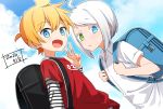  2boys bag blonde_hair blue_eyes cloud cloudy_sky commentary dated expressionless green_eyes hand_up heterochromia holding_strap kagamine_len looking_at_viewer male_focus minahoshi_taichi multiple_boys open_mouth red_shirt school_bag shirt sky smile spiked_hair striped_sleeves upper_body utatane_piko vocaloid w white_hair white_shirt 
