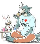  2020 anthro barefoot beastars bottomwear bread canid canine canis claws clothed clothing cup duo eating food fully_clothed fur furniture grey_body grey_fur haru_(beastars) holding_food holding_object ktandoku lagomorph legoshi_(beastars) leporid mammal pants rabbit shirt simple_background sitting t-shirt table toe_claws topwear white_background white_body white_fur wolf 