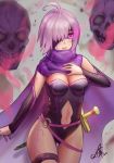  1girl absurdres ahoge arm_strap black_leotard black_sleeves breasts cleavage cloak cowboy_shot detached_sleeves eyepatch fate/grand_order fate_(series) highres leotard long_sleeves mash_kyrielight medium_breasts midriff navel purple_cloak purple_eyes purple_hair shiny shiny_hair short_hair skull solo standing stomach stomach_cutout strapless strapless_leotard sword thigh_gap weapon zeq3 