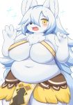  1girl animal_ears blush breasts commentary_request copyright_request cowboy_shot eigetsu fang fat huge_breasts long_hair looking_at_viewer navel open_mouth simple_background solo sparkle white_background white_fur white_hair yellow_eyes 